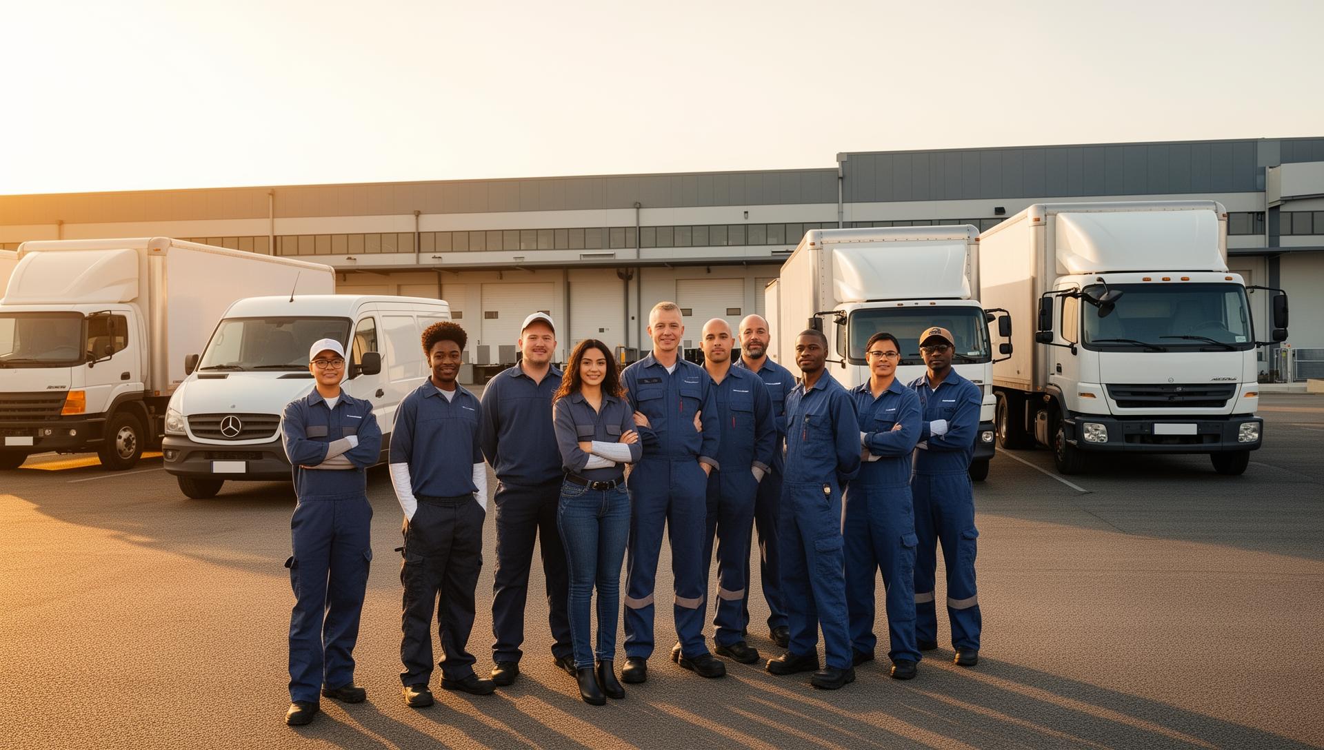 dispatch-fm drivers standing in front of box trucks at a warehouse